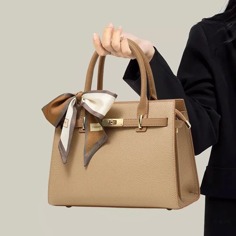 Beige Structured Top Handle Handbag with Scarf – Elegant Classic Satchel