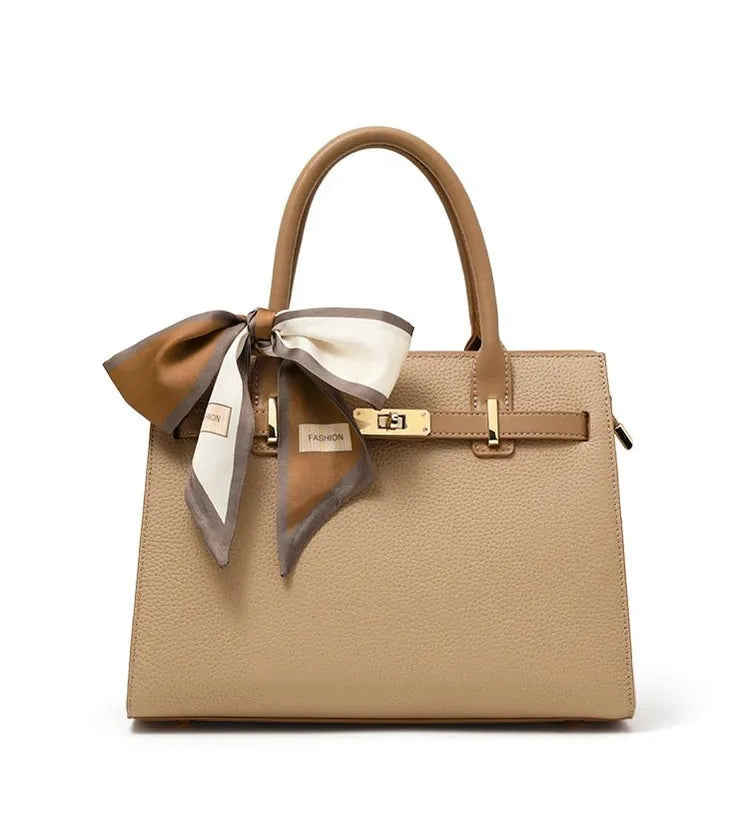 Beige Structured Top Handle Handbag with Scarf – Elegant Classic Satchel