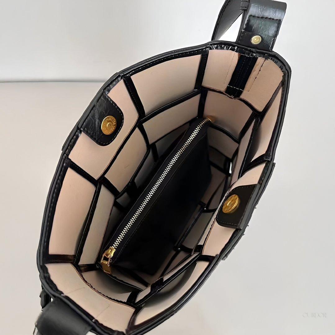 Black Glossy Woven Handbag — Modern structure with elevated shine