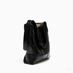 Black Glossy Woven Handbag — Modern structure with elevated shine