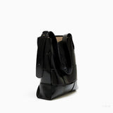 Black Glossy Woven Handbag — Modern structure with elevated shine