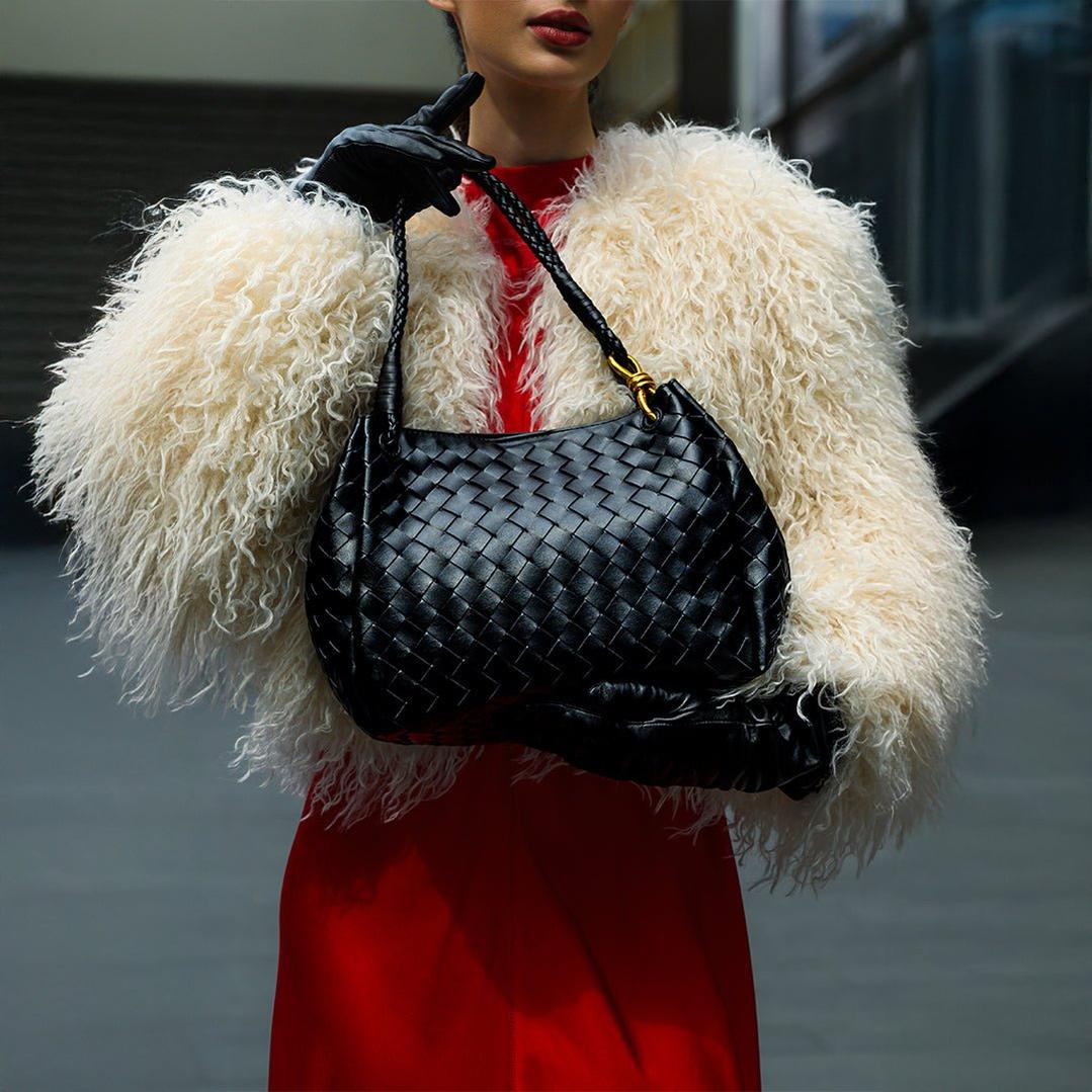 Black Woven Handbag with Braided Handle — Elegant texture, everyday sophistication