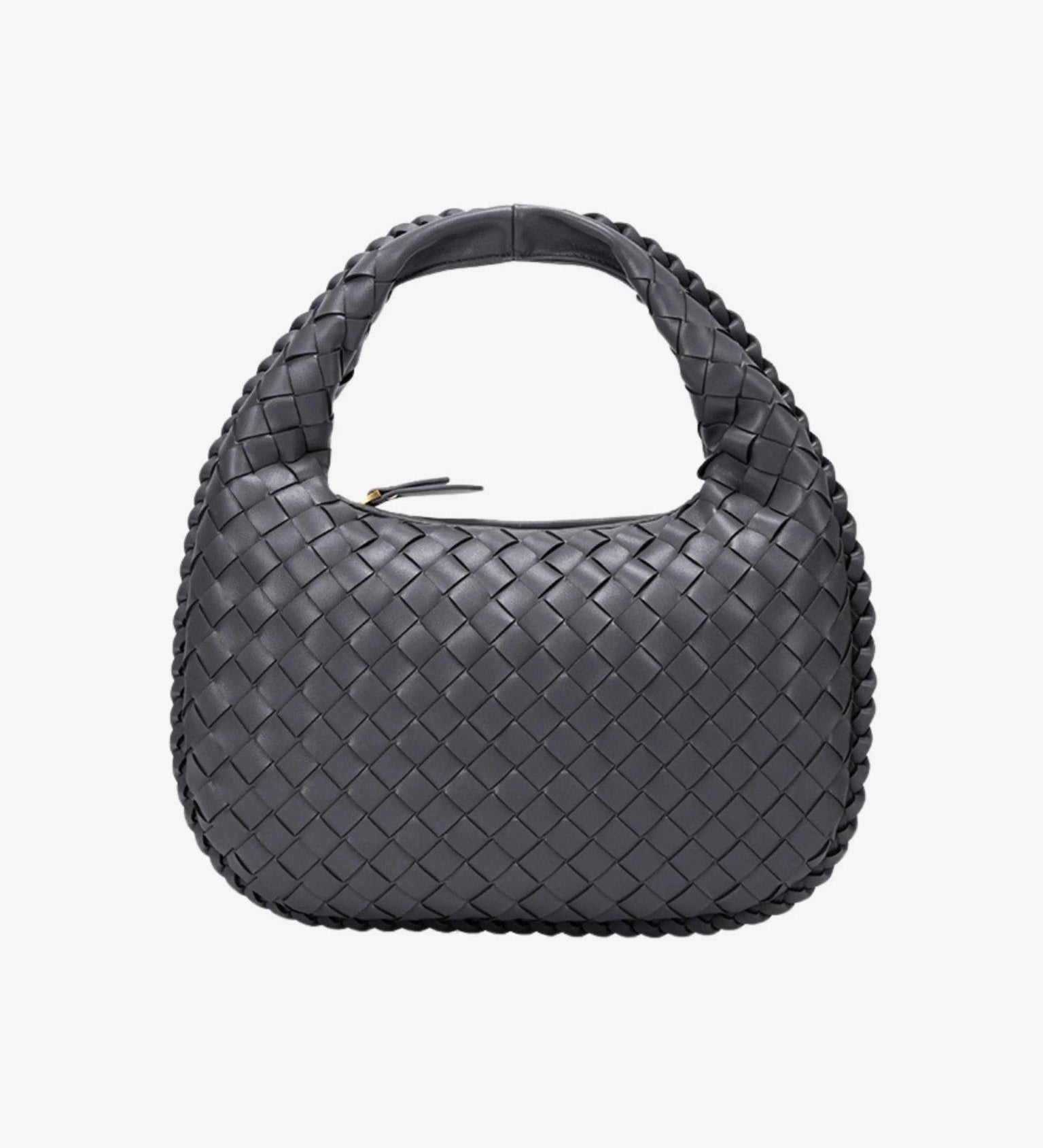 Black Woven Leather Shoulder Bag – Elegant Hobo Handbag
