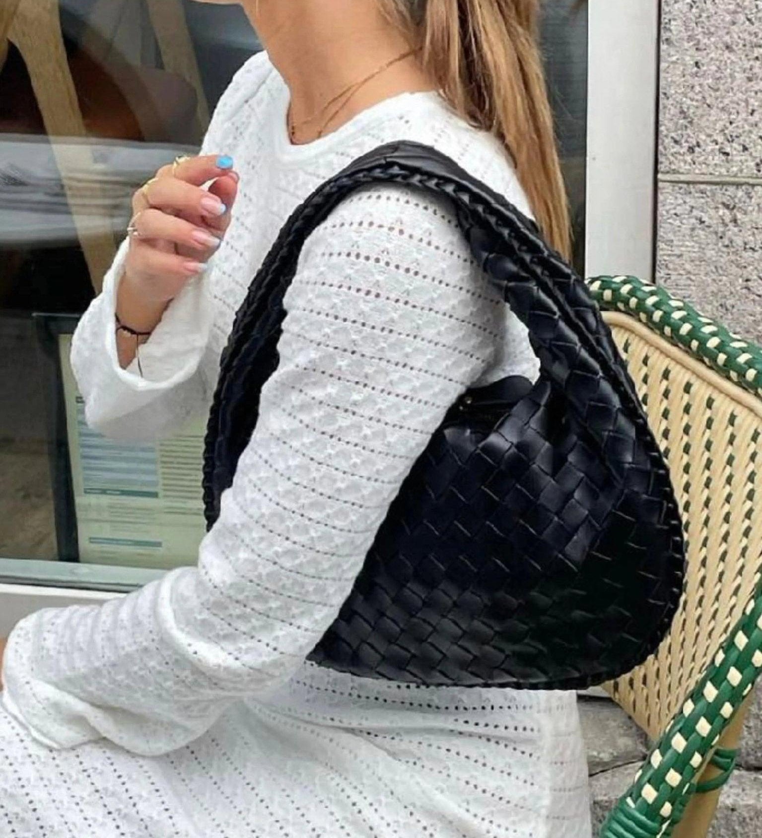 Black Woven Leather Shoulder Bag – Elegant Hobo Handbag