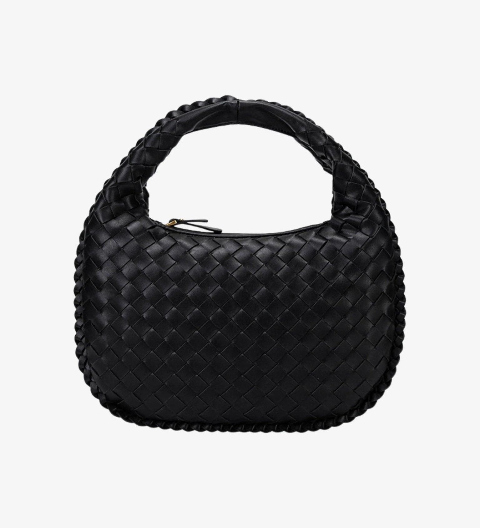 Black Woven Leather Shoulder Bag – Elegant Hobo Handbag
