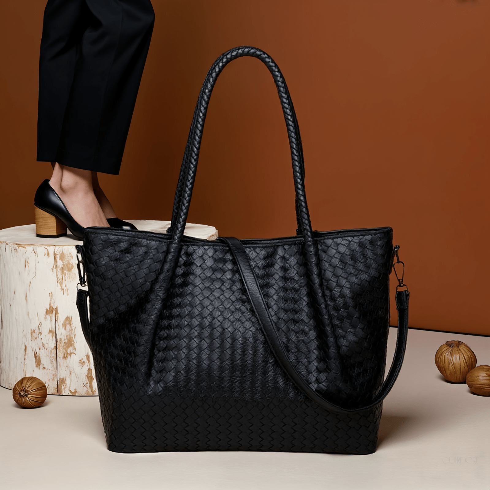 Black Woven Leather Tote Bag – Elegant Spacious Shoulder & Crossbody Shopper