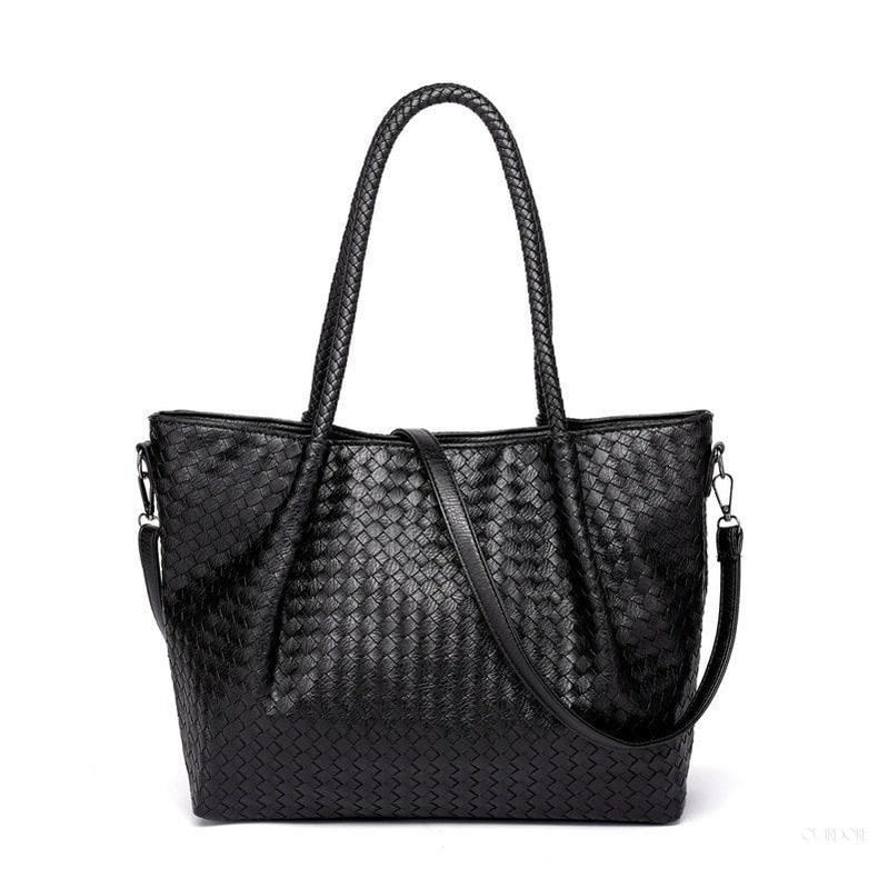 Black Woven Leather Tote Bag – Elegant Spacious Shoulder & Crossbody Shopper