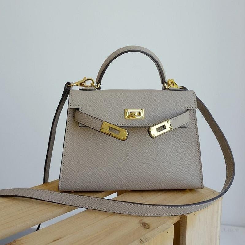 Chic Taupe Structured Top Handle Bag – Elegant Classic Handbag