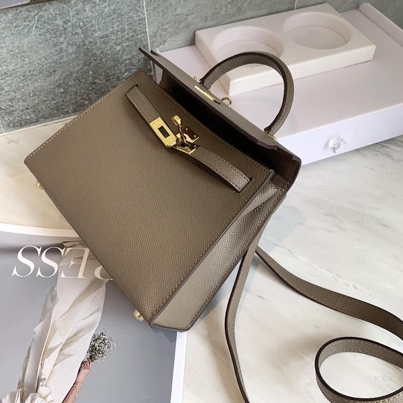 Chic Taupe Structured Top Handle Bag – Elegant Classic Handbag