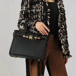 Classic Black Leather Satchel – Elegant Work Handbag with Gold Lock