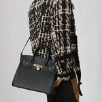Classic Black Leather Satchel – Elegant Work Handbag with Gold Lock