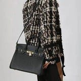 Classic Black Leather Satchel – Elegant Work Handbag with Gold Lock