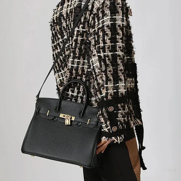 Classic Black Leather Satchel – Elegant Work Handbag with Gold Lock