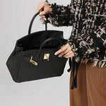 Classic Black Leather Satchel – Elegant Work Handbag with Gold Lock