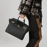 Classic Black Leather Satchel – Elegant Work Handbag with Gold Lock
