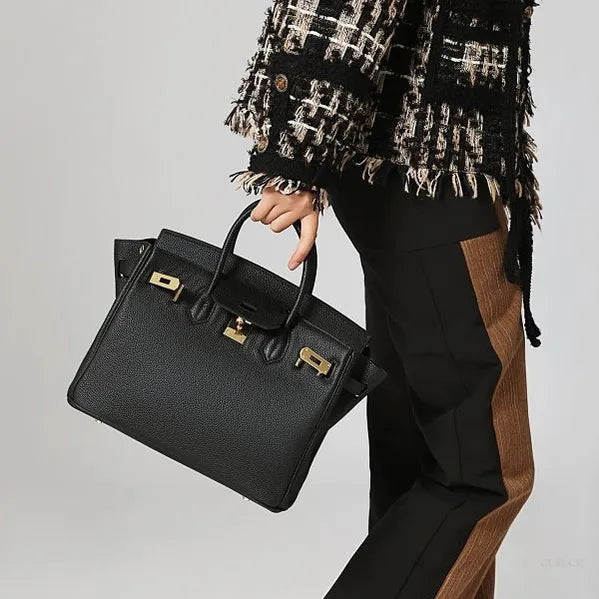 Classic Black Leather Satchel – Elegant Work Handbag with Gold Lock