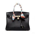 Classic Black Leather Satchel – Elegant Work Handbag with Gold Lock