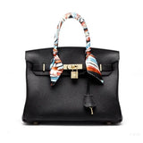 Classic Black Leather Satchel – Elegant Work Handbag with Gold Lock