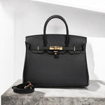 Classic Black Leather Satchel – Elegant Work Handbag with Gold Lock
