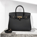 Classic Black Leather Satchel – Elegant Work Handbag with Gold Lock