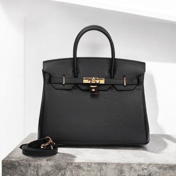 Classic Black Leather Satchel – Elegant Work Handbag with Gold Lock