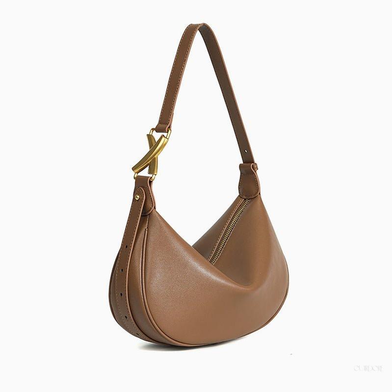 Crescent Shoulder Bag – Black Genuine Leather with Gold Hardware