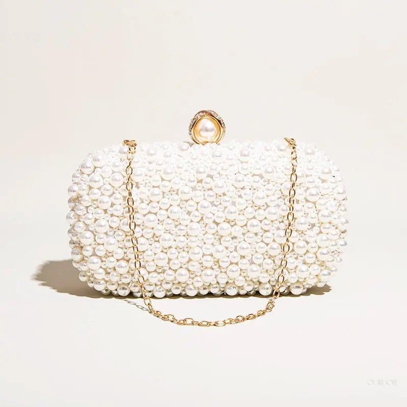 Elegant Pearl Evening Clutch with Gold Chain