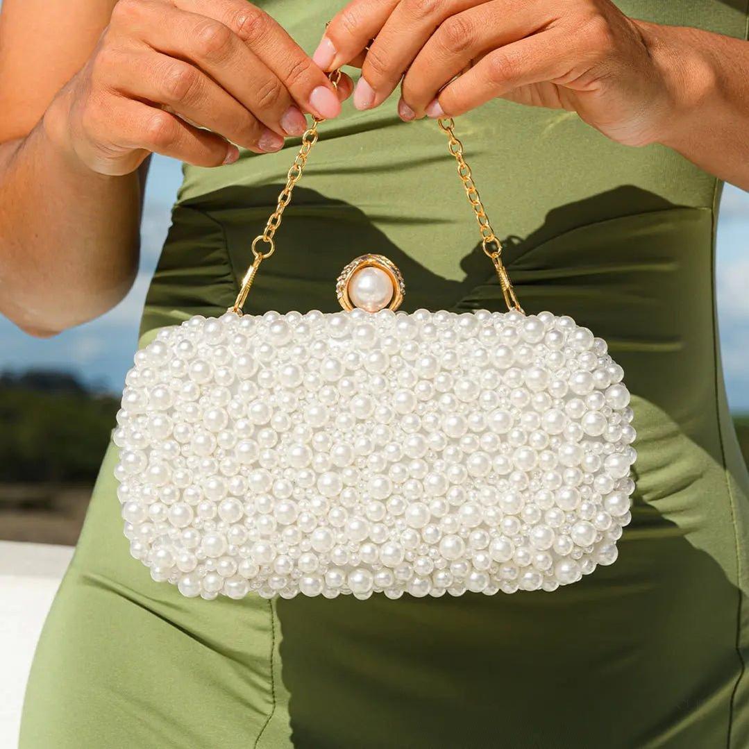 Elegant Pearl Evening Clutch with Gold Chain