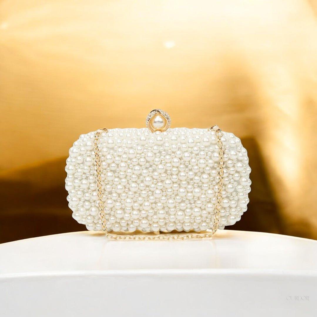 Elegant Pearl Evening Clutch with Gold Chain