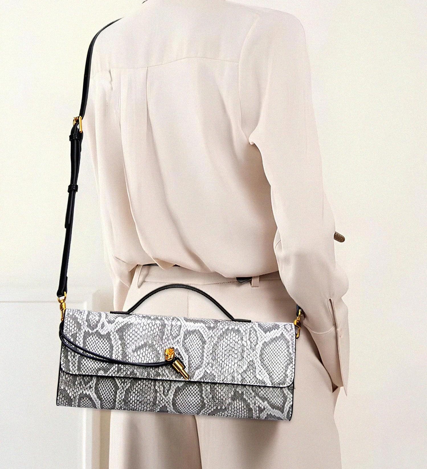 Elegant Snakeskin Clutch Bag with Top Handle – Women’s Evening Handbag