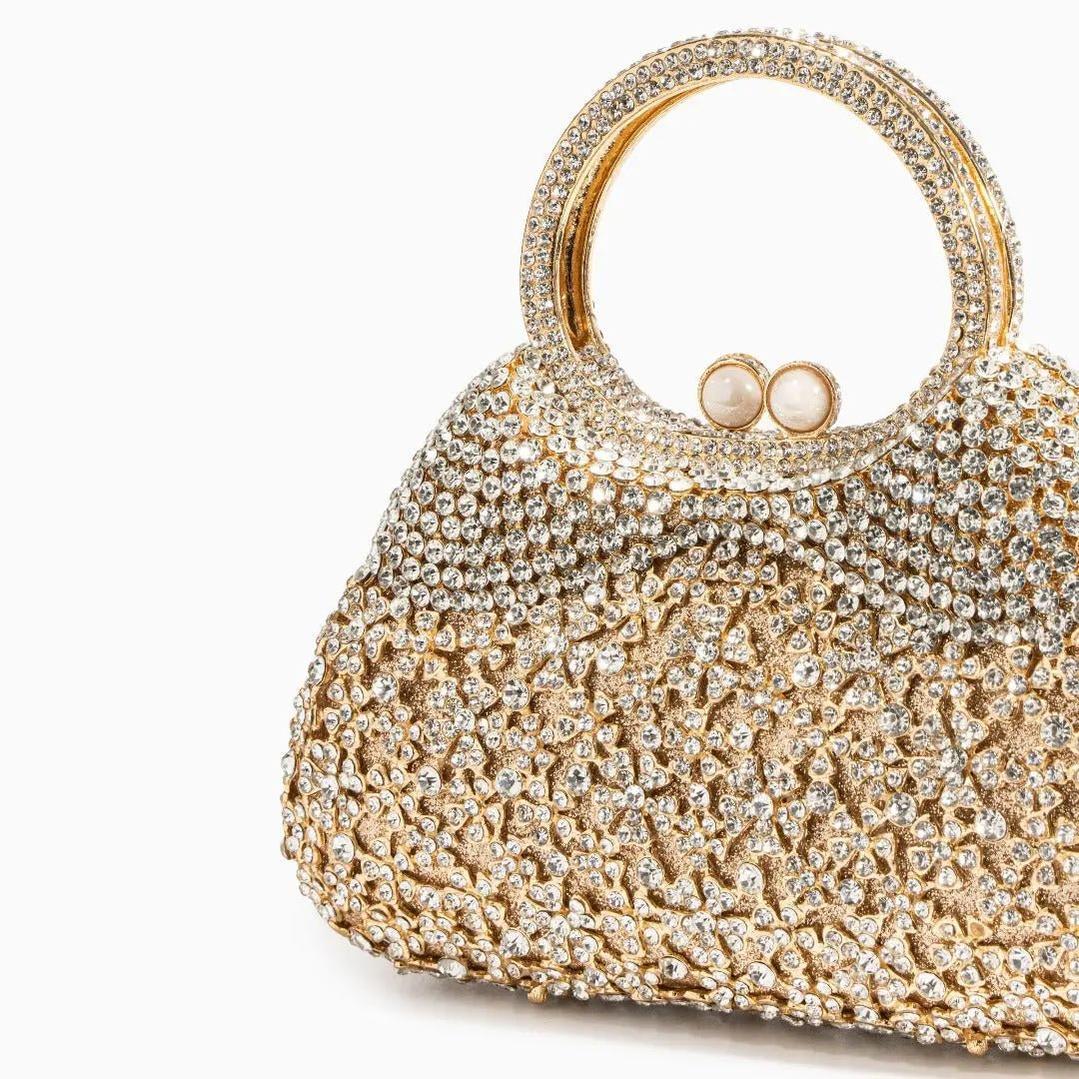 Gold Crystal Evening Handbag – Luxury Rhinestone Clutch with Ring Handle