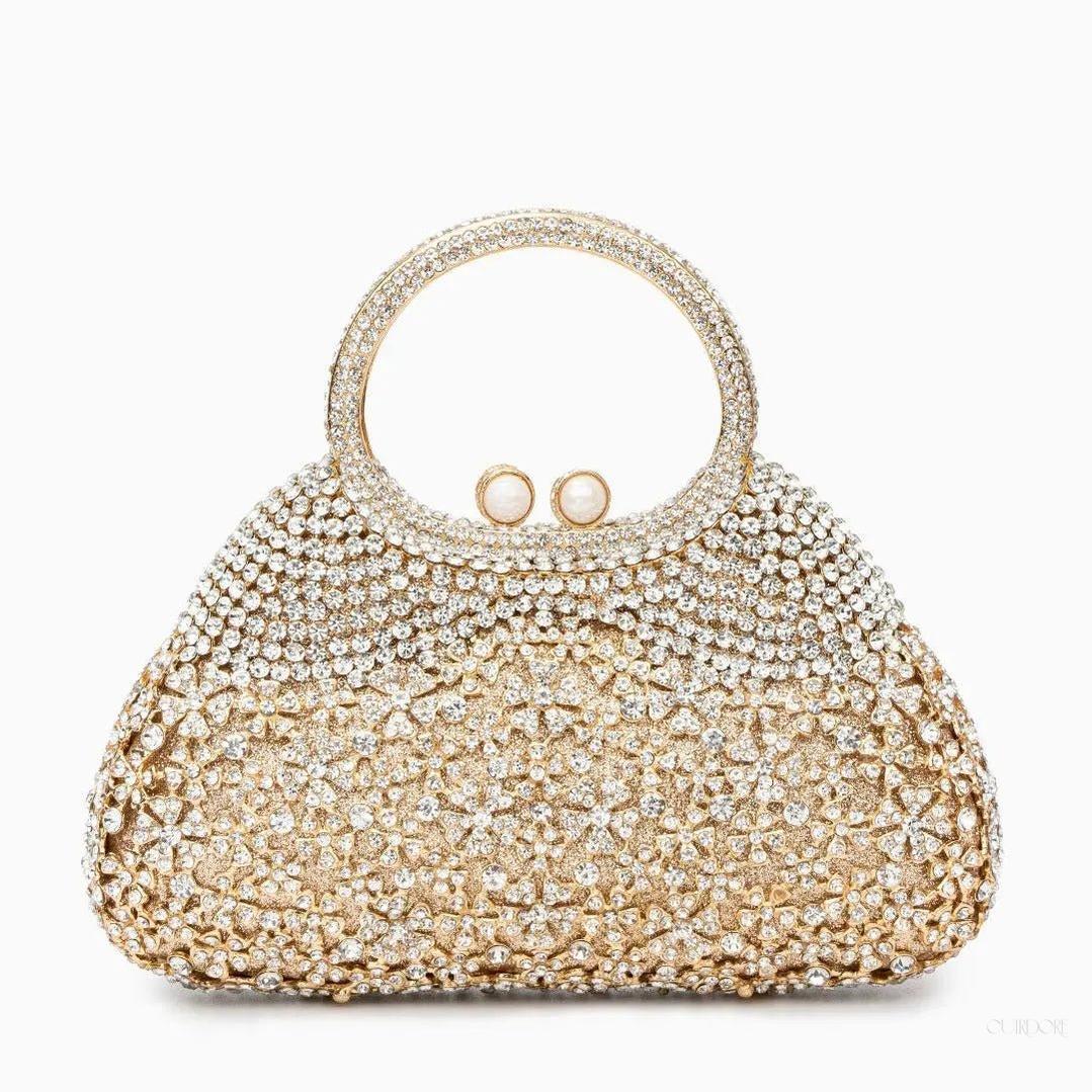 Gold Crystal Evening Handbag – Luxury Rhinestone Clutch with Ring Handle