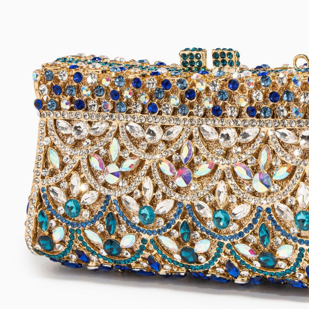 Jeweled Gold Evening Clutch – Crystal & Sapphire Statement Bag