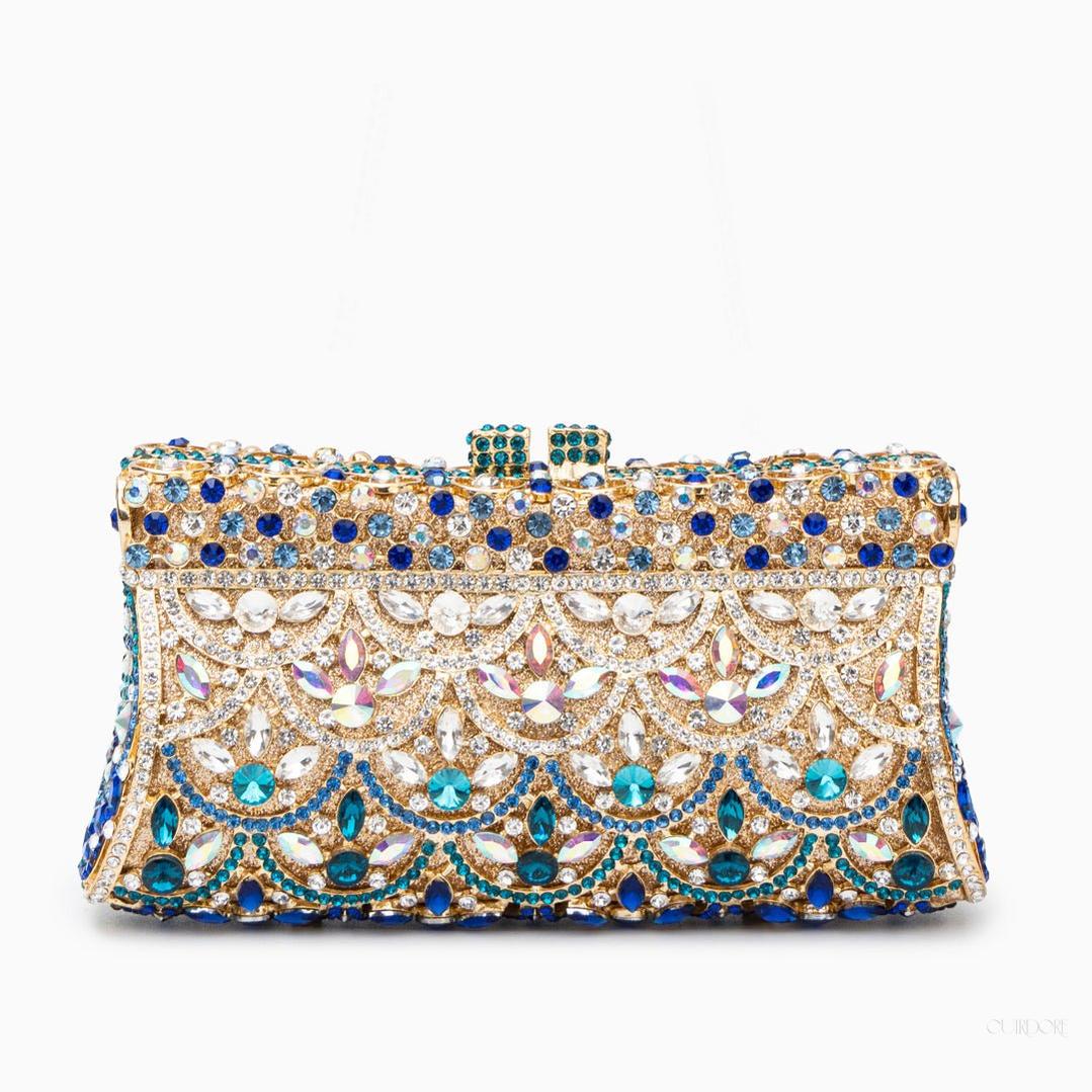 Jeweled Gold Evening Clutch – Crystal & Sapphire Statement Bag