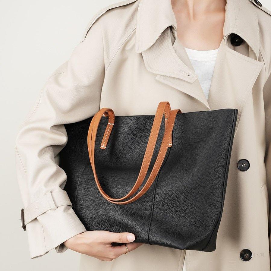Leather Tote Bag with Contrast Brown Handles – Classic Everyday Shopper