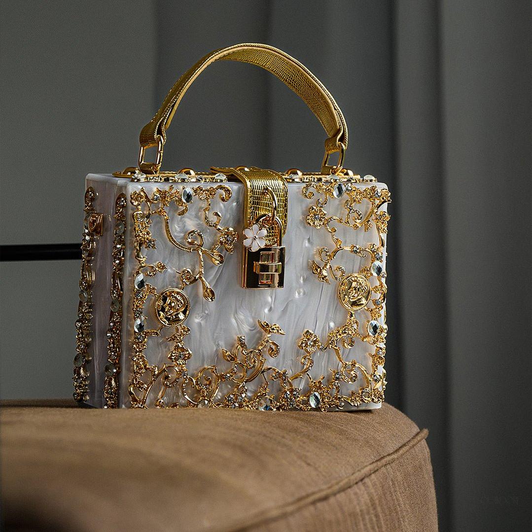 Luxury Gold Ornate Box Handbag — Statement evening elegance
