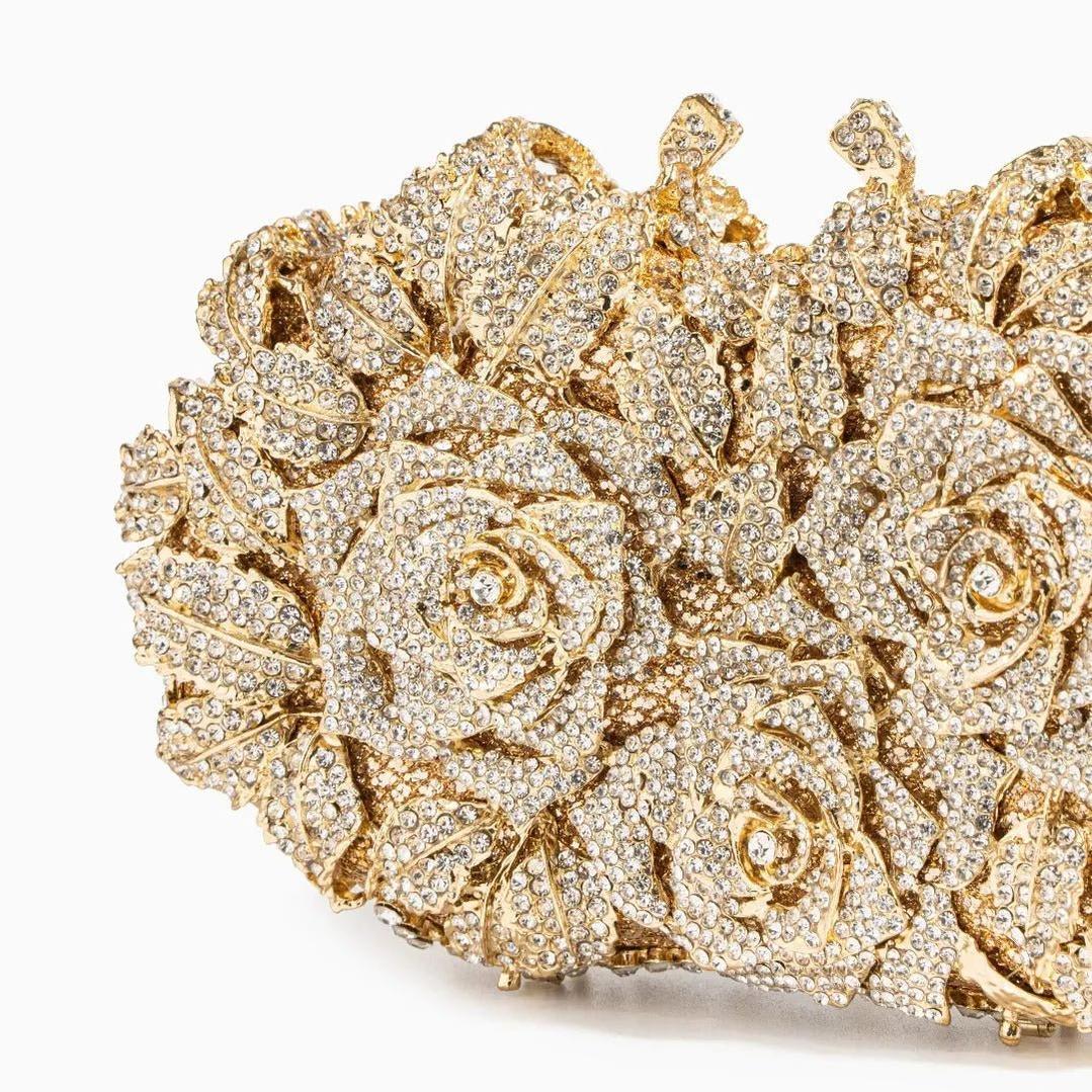 Luxury Gold Rose Crystal Evening Clutch
