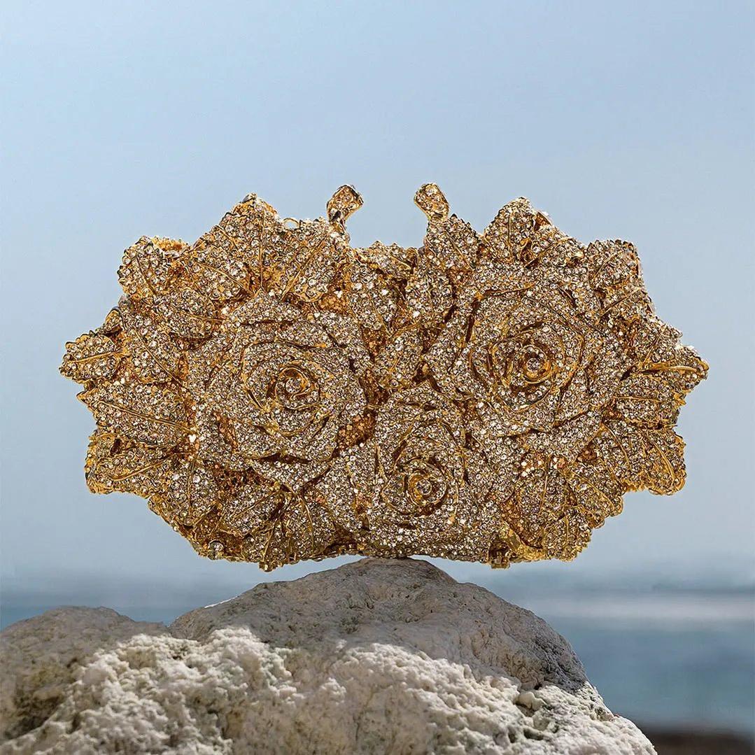 Luxury Gold Rose Crystal Evening Clutch