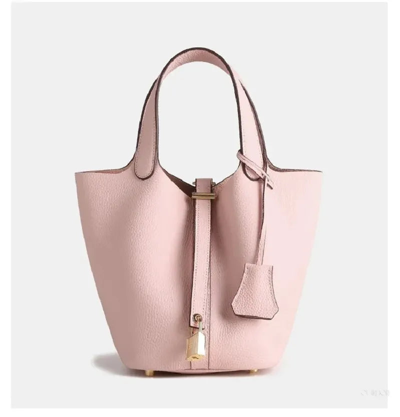 Minimalist Leather Bucket Handbag with Gold Padlock – Small Structured Tote