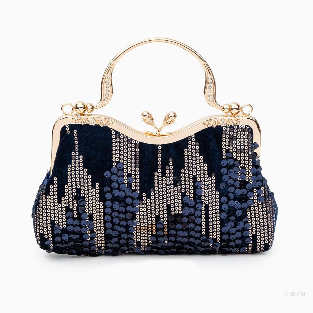 Navy Sequin Vintage Evening Bag – Gold Frame Top Handle Clutch