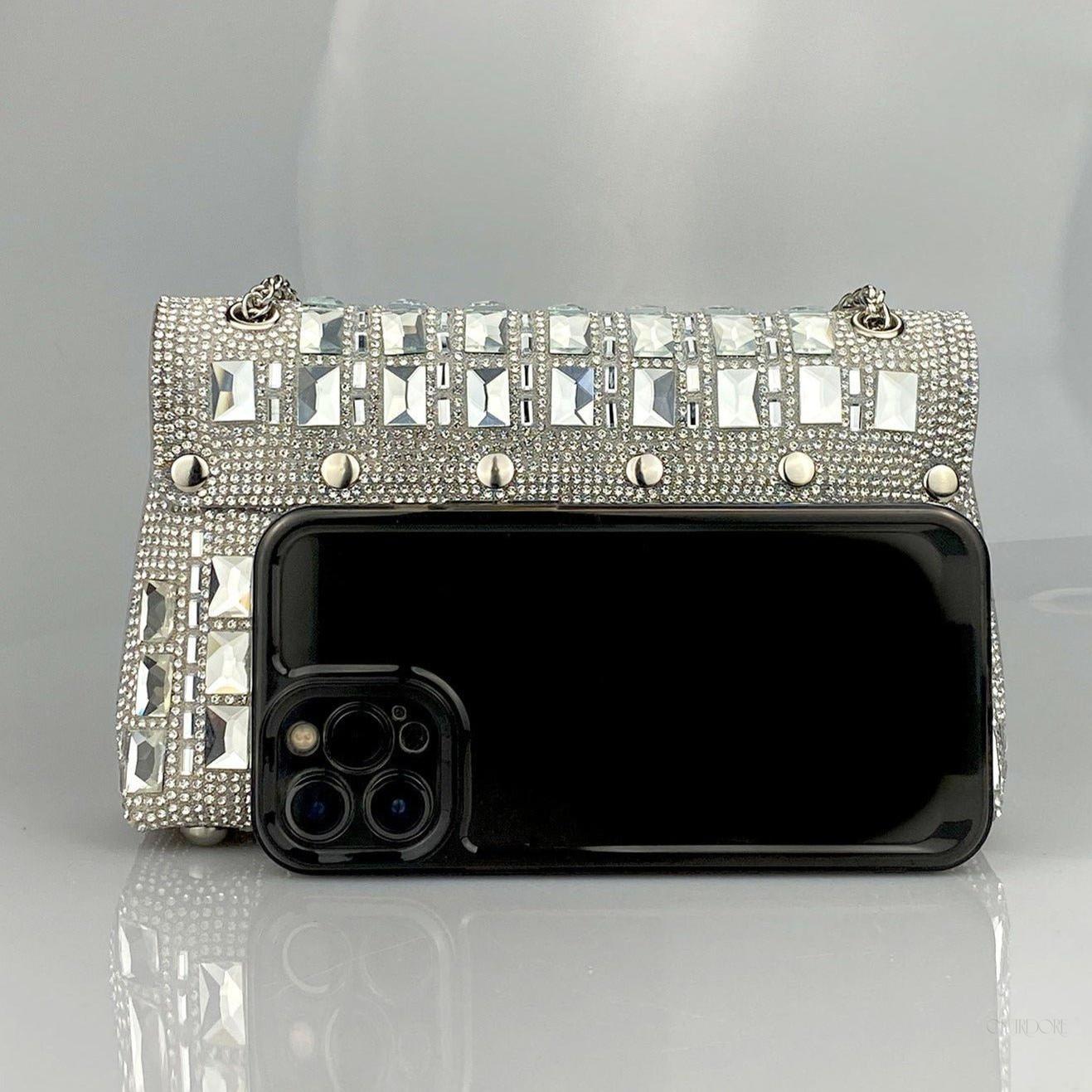 Silver Crystal Embellished Evening Clutch – Glam Chain Shoulder Bag
