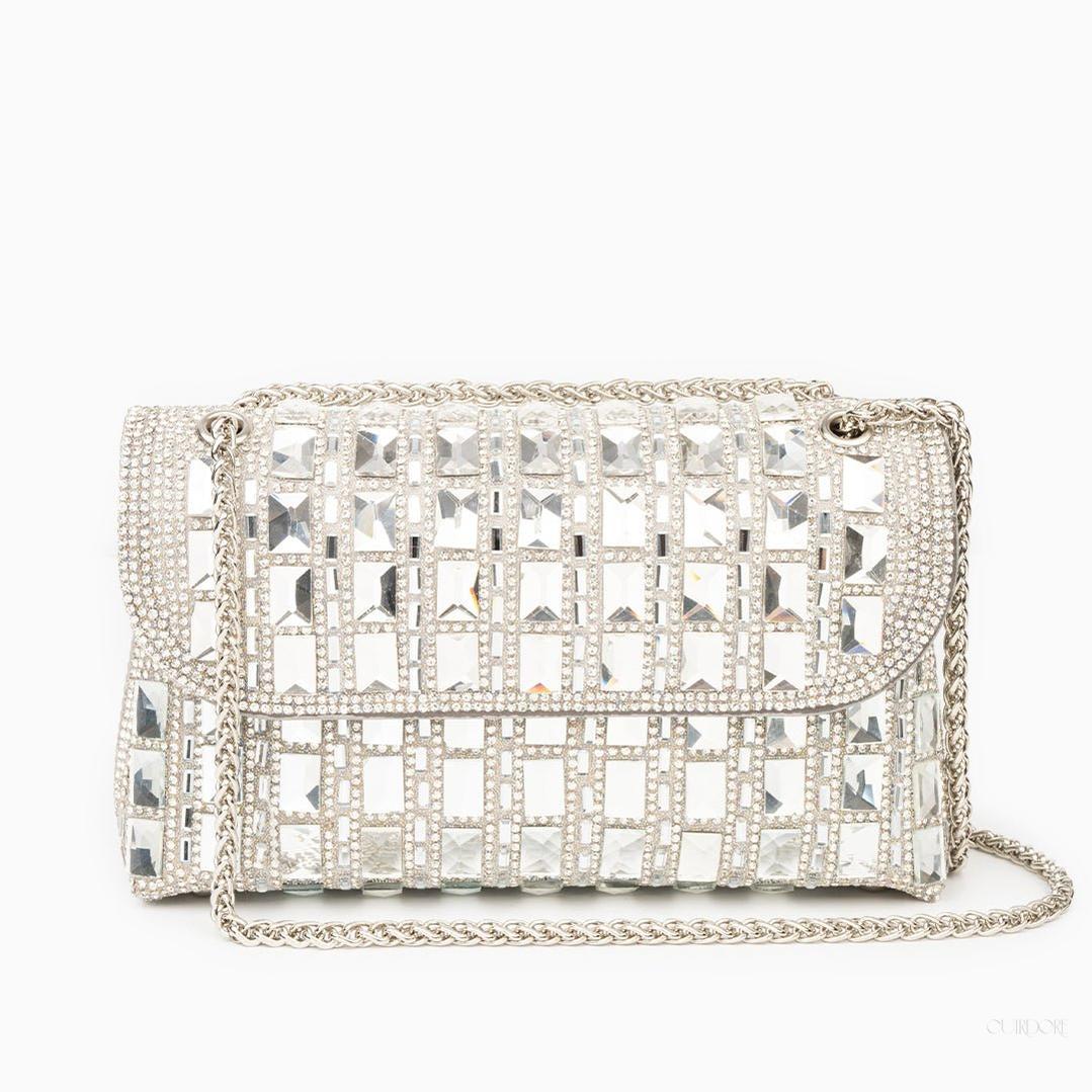 Silver Crystal Embellished Evening Clutch – Glam Chain Shoulder Bag
