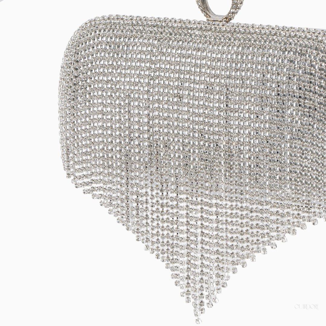 Silver Crystal Fringe Evening Clutch – Statement Rhinestone Party Bag