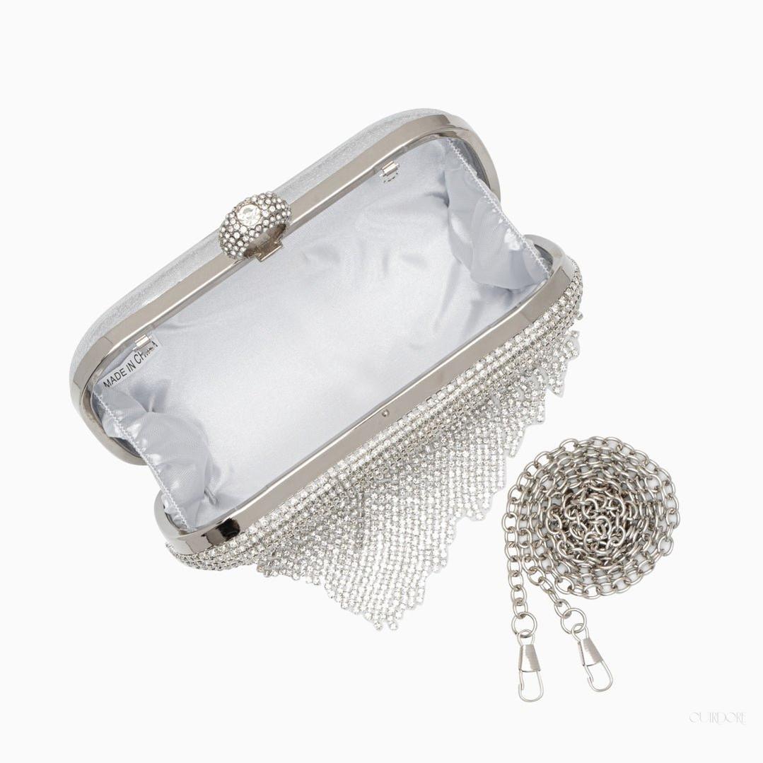 Silver Crystal Fringe Evening Clutch – Statement Rhinestone Party Bag