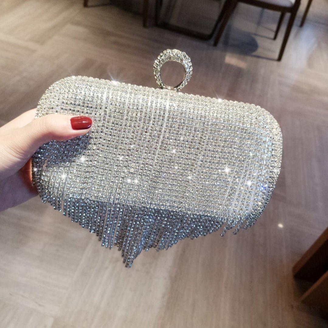 Silver Crystal Fringe Evening Clutch – Statement Rhinestone Party Bag