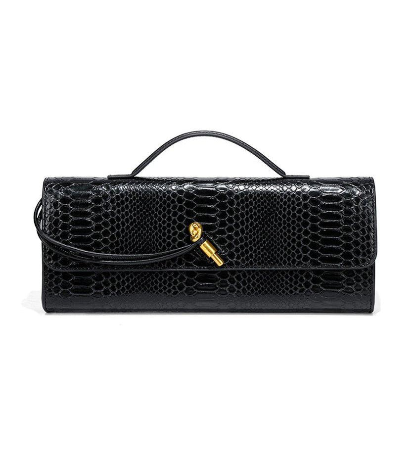 Snake-Embossed Vegan Leather Clutch – Top Handle & Gold Twist Lock