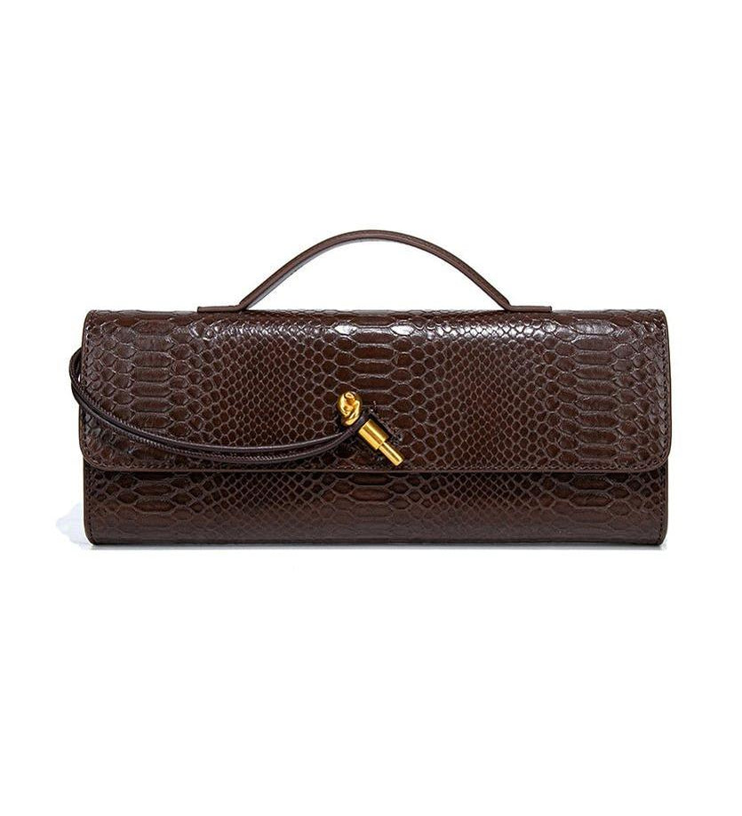 Snake-Embossed Vegan Leather Clutch – Top Handle & Gold Twist Lock