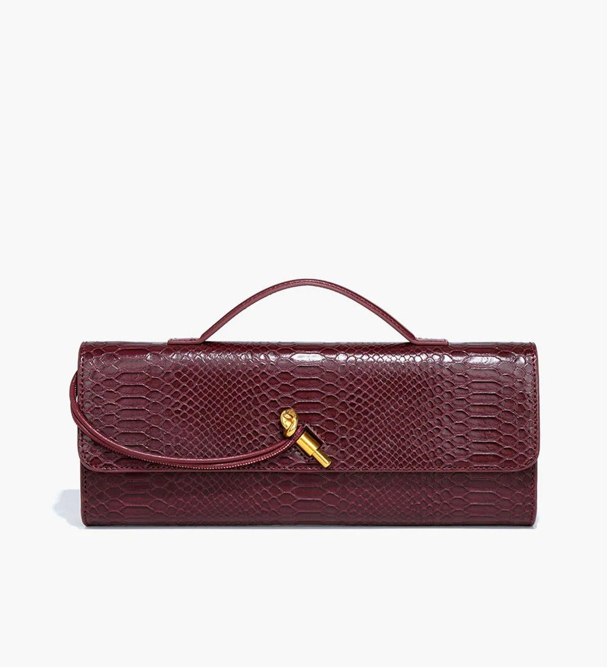 Snake-Embossed Vegan Leather Clutch – Top Handle & Gold Twist Lock
