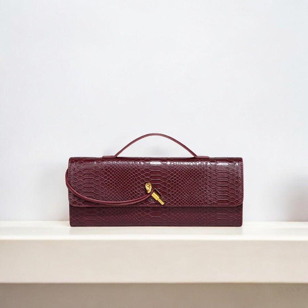 Snake-Embossed Vegan Leather Clutch – Top Handle & Gold Twist Lock