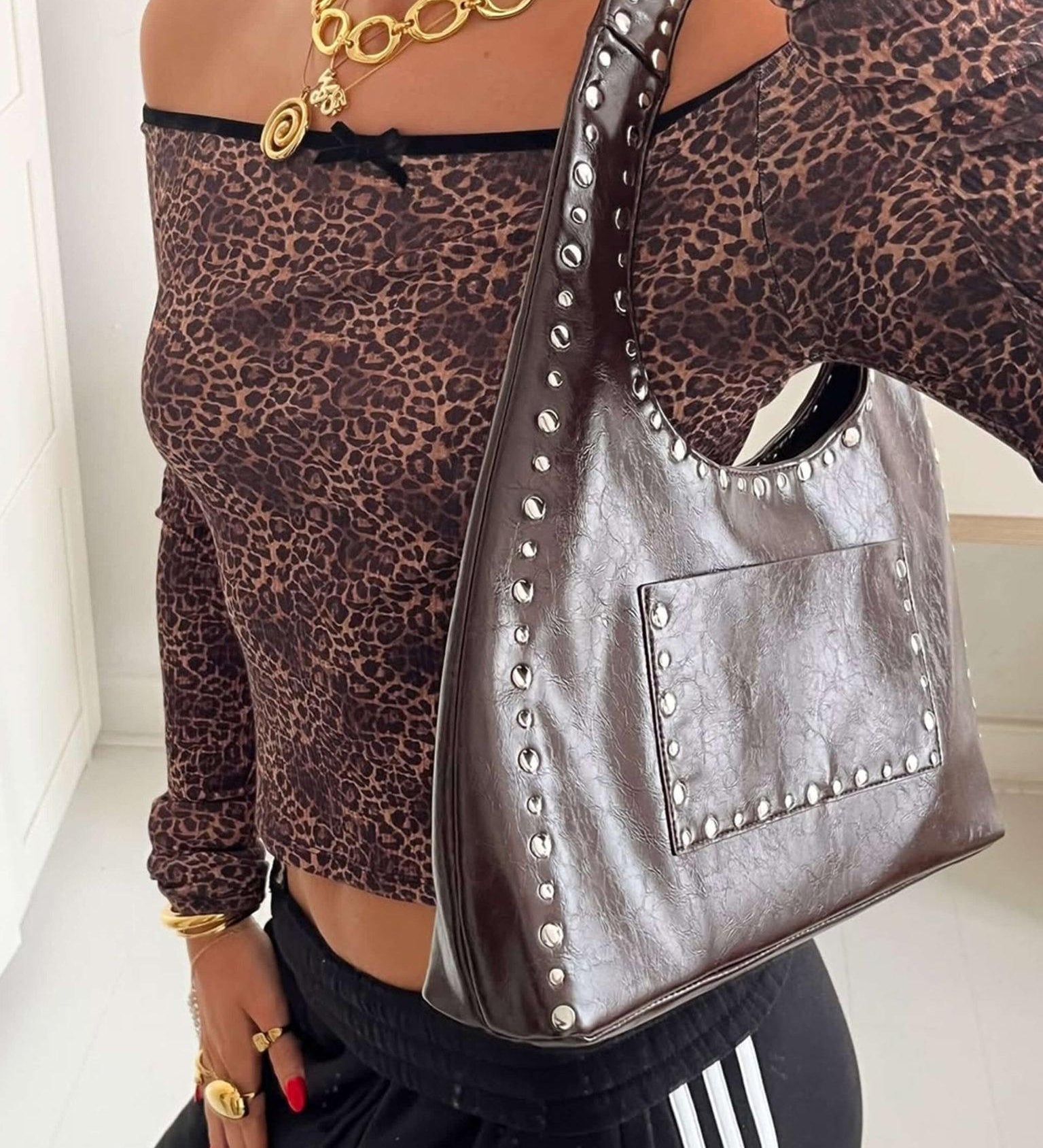 Studded Brown Shoulder Bag — Bold detail, timeless style